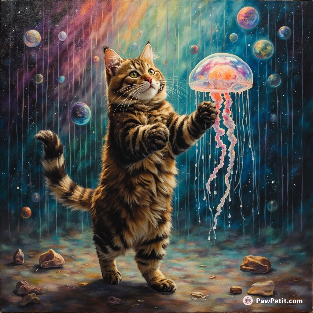 Cat doing tango with a translucent jellyfish under a rainbow rain in outer space.