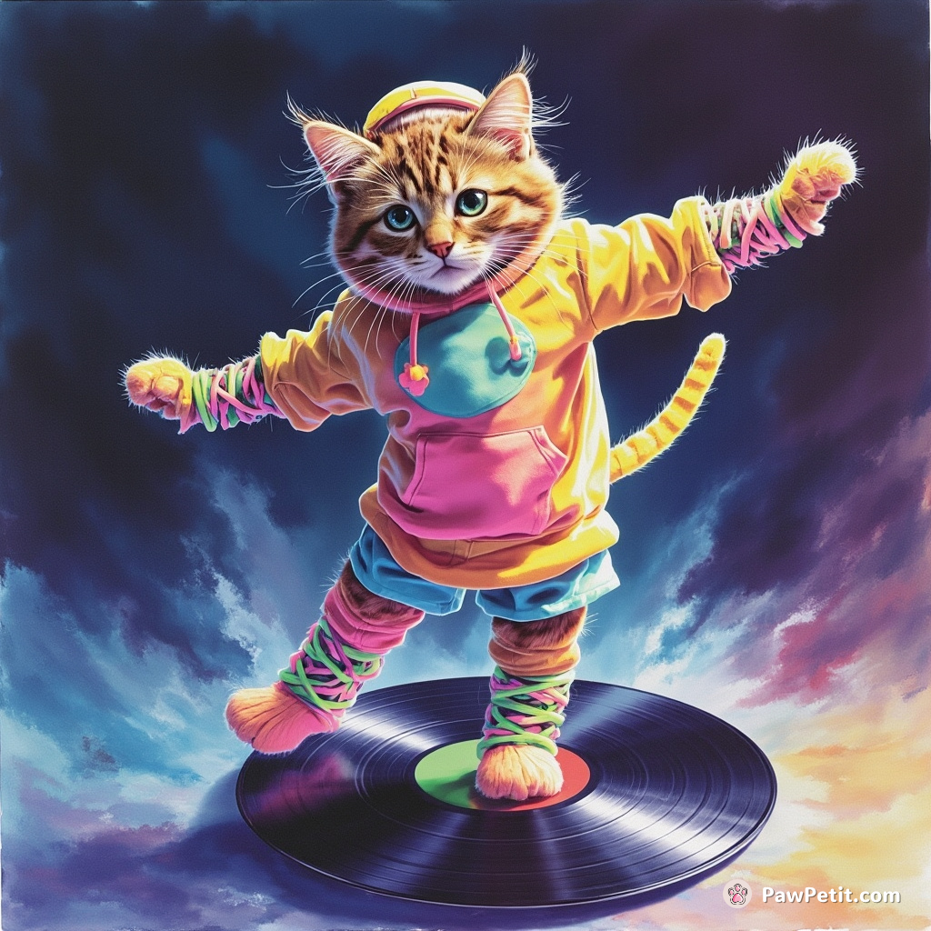 A fluorescent cat breakdancing on a spinning vinyl in zero gravity while wearing neon legwarmers and a 90s sweatband.