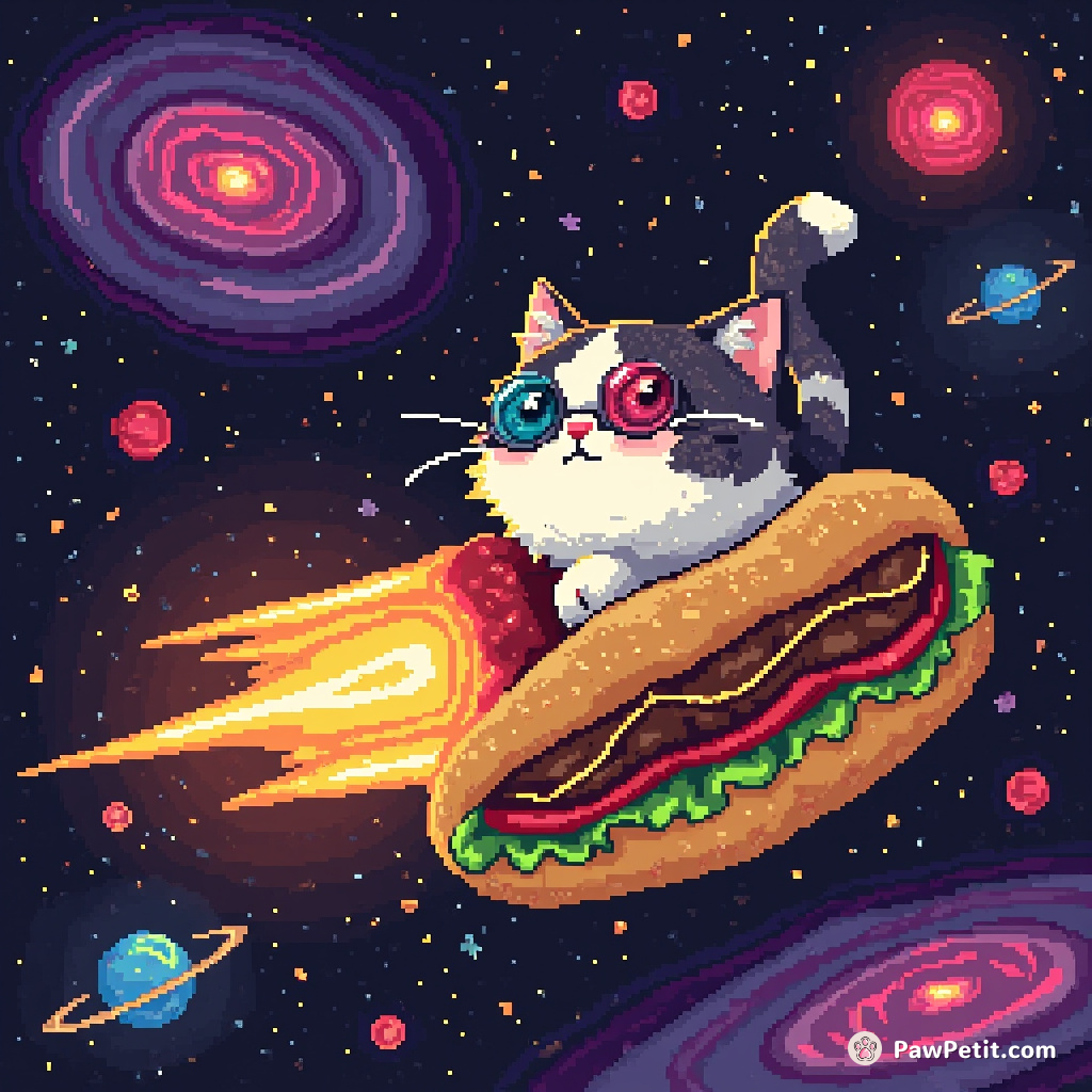 Cat soaring through space on a giant burrito with galaxies spiraling in its eyes.