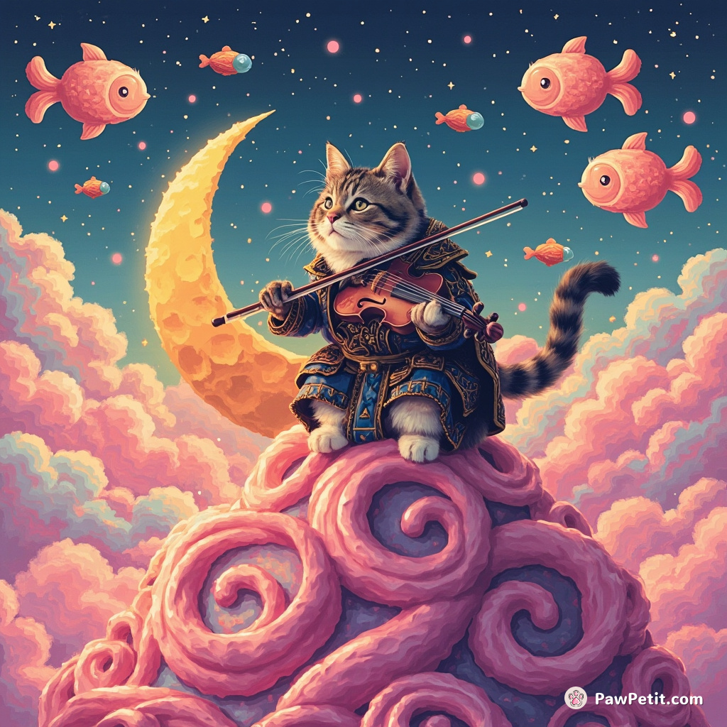 A warrior cat serenading a moon-shaped violin atop a swirling lollipop mountain under marzipan clouds shaped like fish.