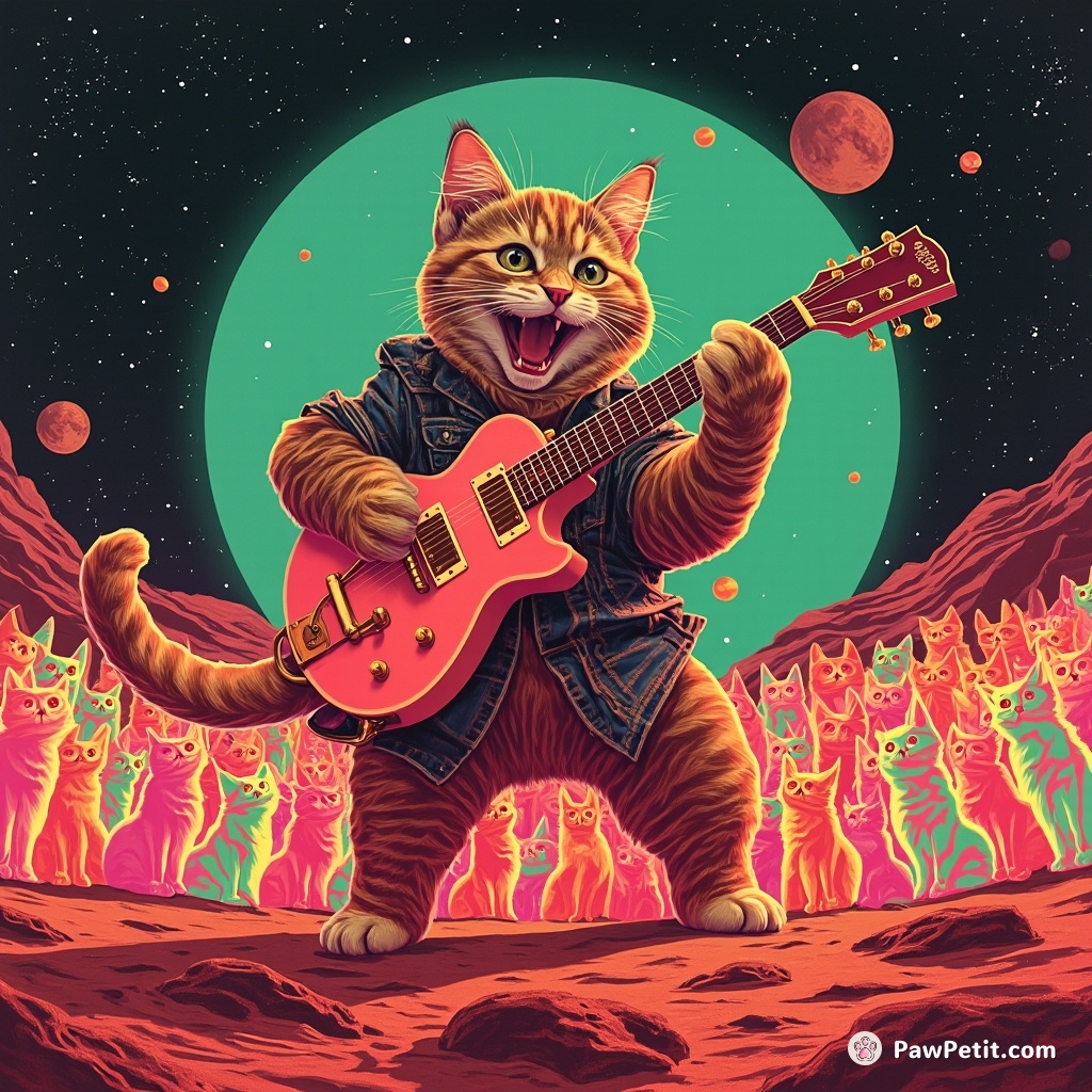 Giant cat playing a psychedelic guitar on Mars jubilantly to a crowd of neon-colored alien cats.