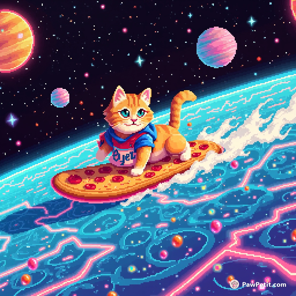 Cat surfing on a pizza through a neon soda ocean in zero gravity space.