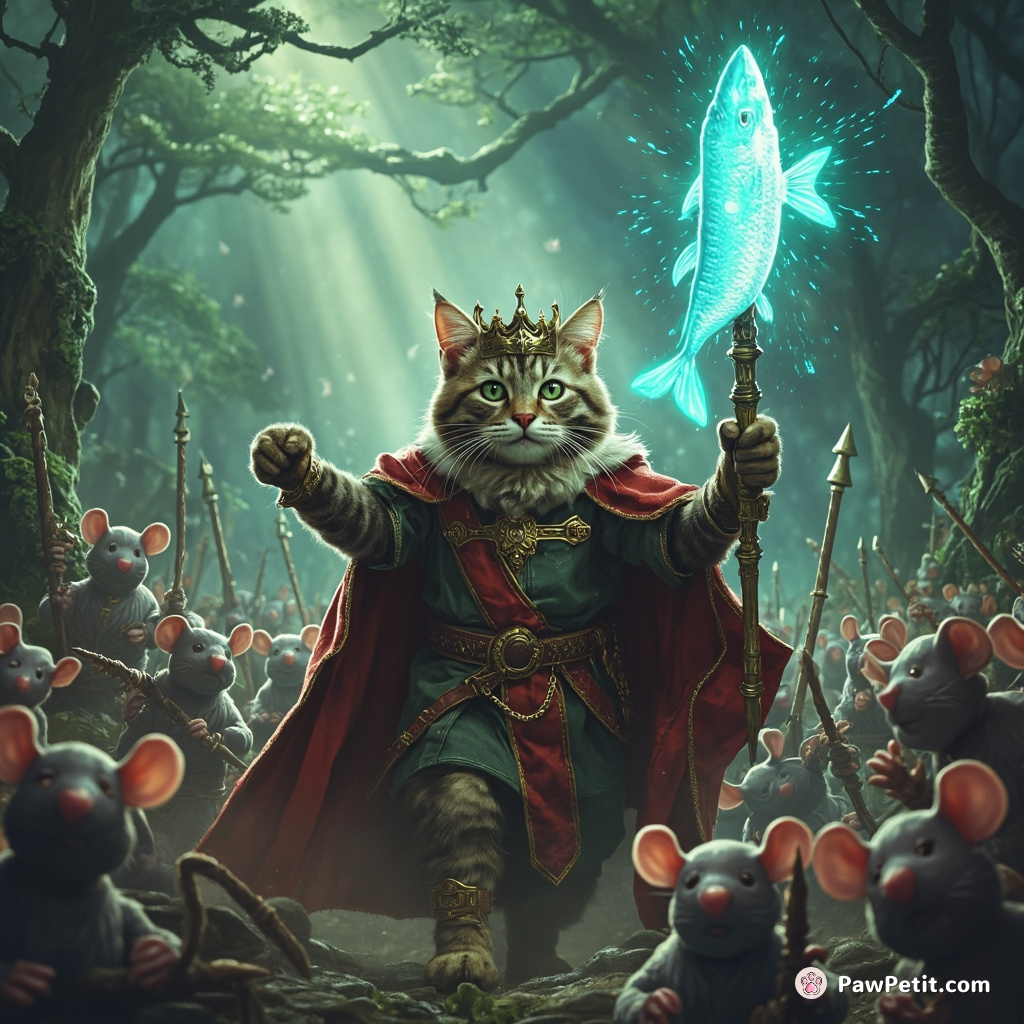 Medieval cat king holding a holographic fish scepter, commanding an army of robot mice in an alien jungle.