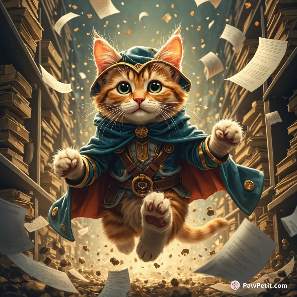 Whiskers, the cat in disguise, paws through files, leaving a trail of paperwork confetti and paw prints everywhere.