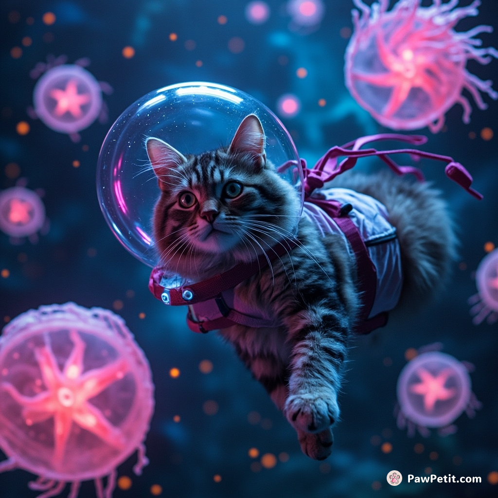 A cat deep-sea diving safari in outer space, floating among psychedelic starfish and moon-sized jellyfish.