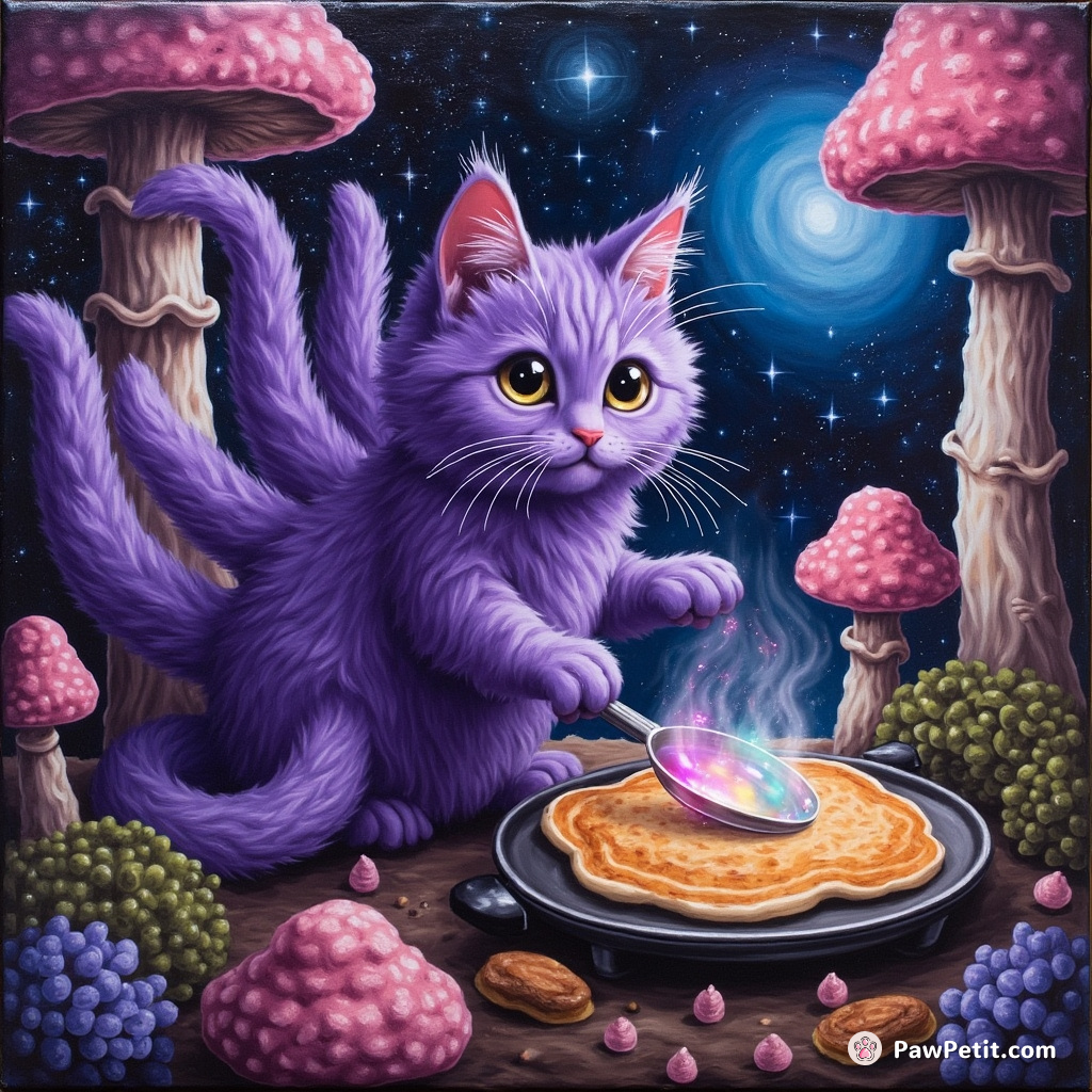 Purple cat turning holographic pancakes inside a cosmic mushroom forest with its six tails.