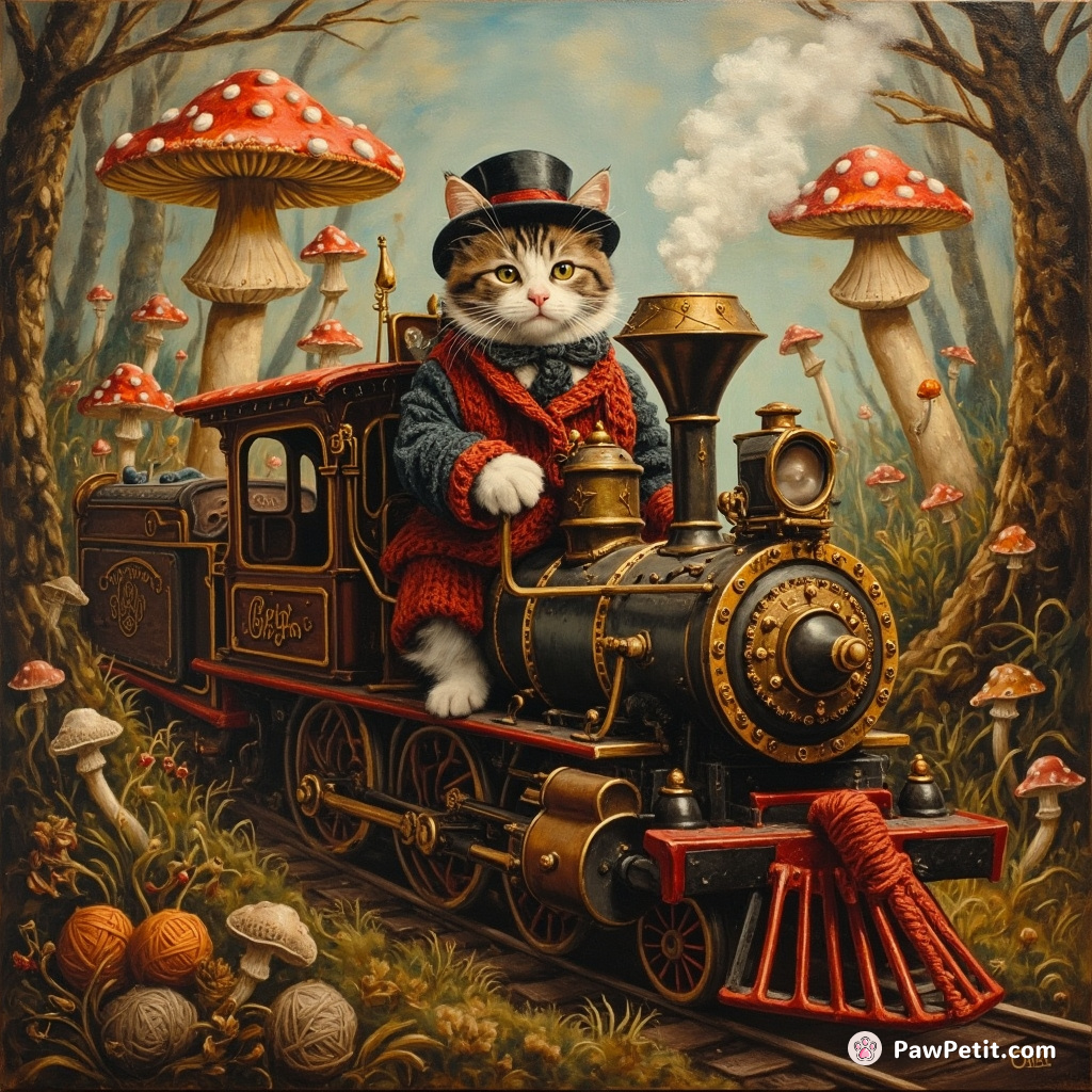 A Victorian steampunk cat driving a locomotive made entirely of yarn through a fantastical mushroom forest.