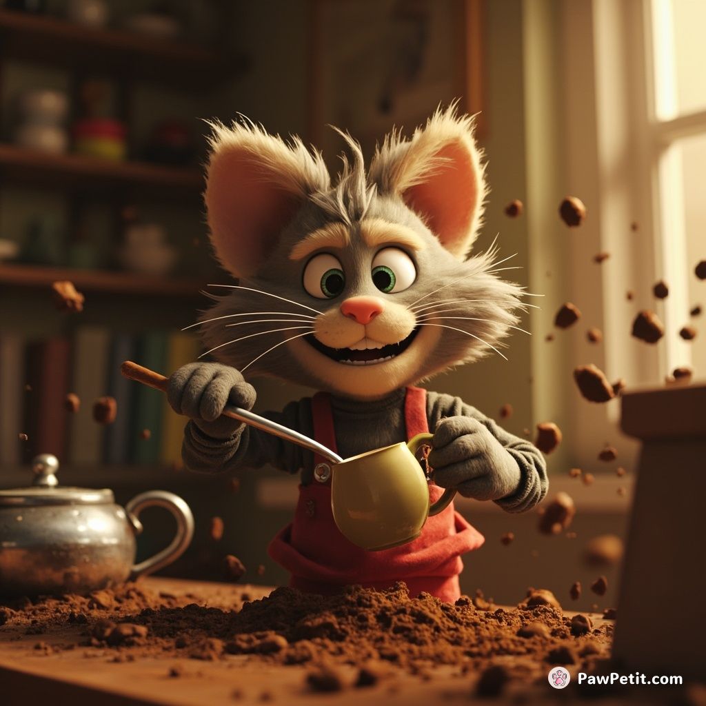 Whiskers, elbow-deep in coffee grounds, failing spectacularly to master the human art of brewing morning's vital potion.
