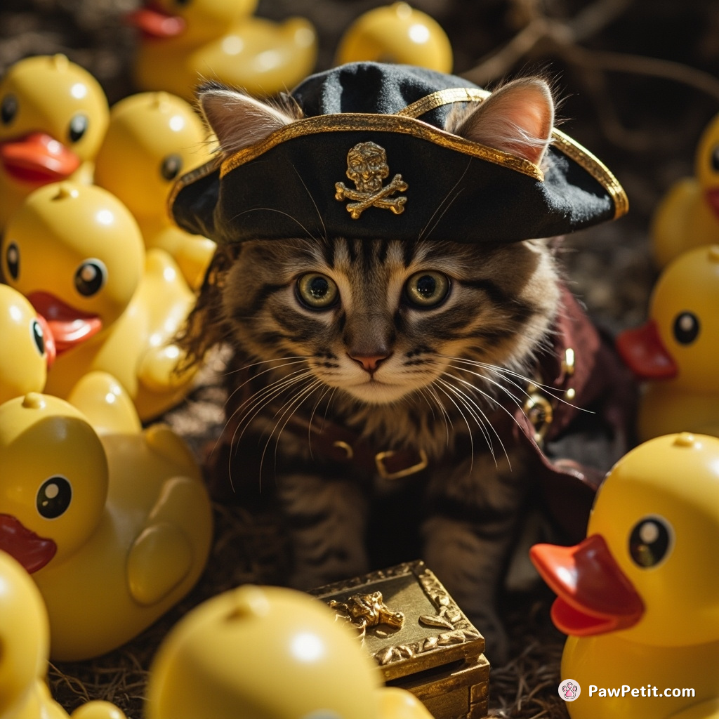 A pirate cat rummaging through Rubber Duck Island for a golden fishtail treasure.