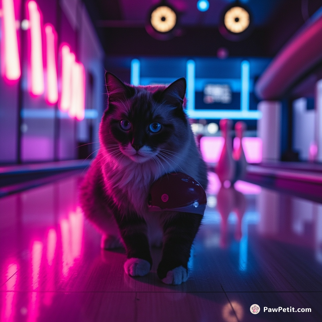 A pinstriped Siamese cat bowling late-night in a neon glowing alley with fish-shaped pins.