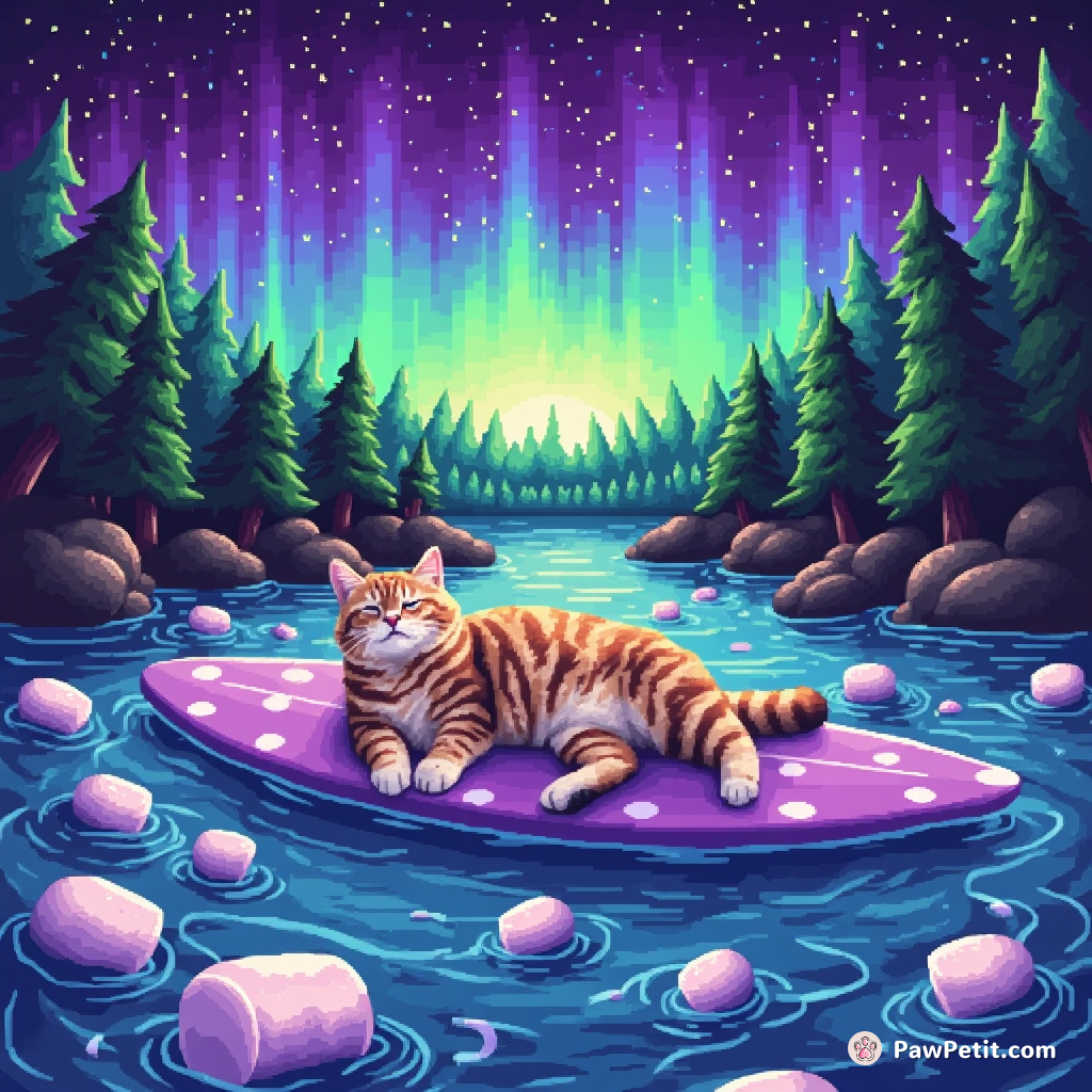 A sunbathing cat on a purple polka-dot surfboard, lazily navigating a sea of molten marshmallows in an enchanted forest under the aurora borealis sky.