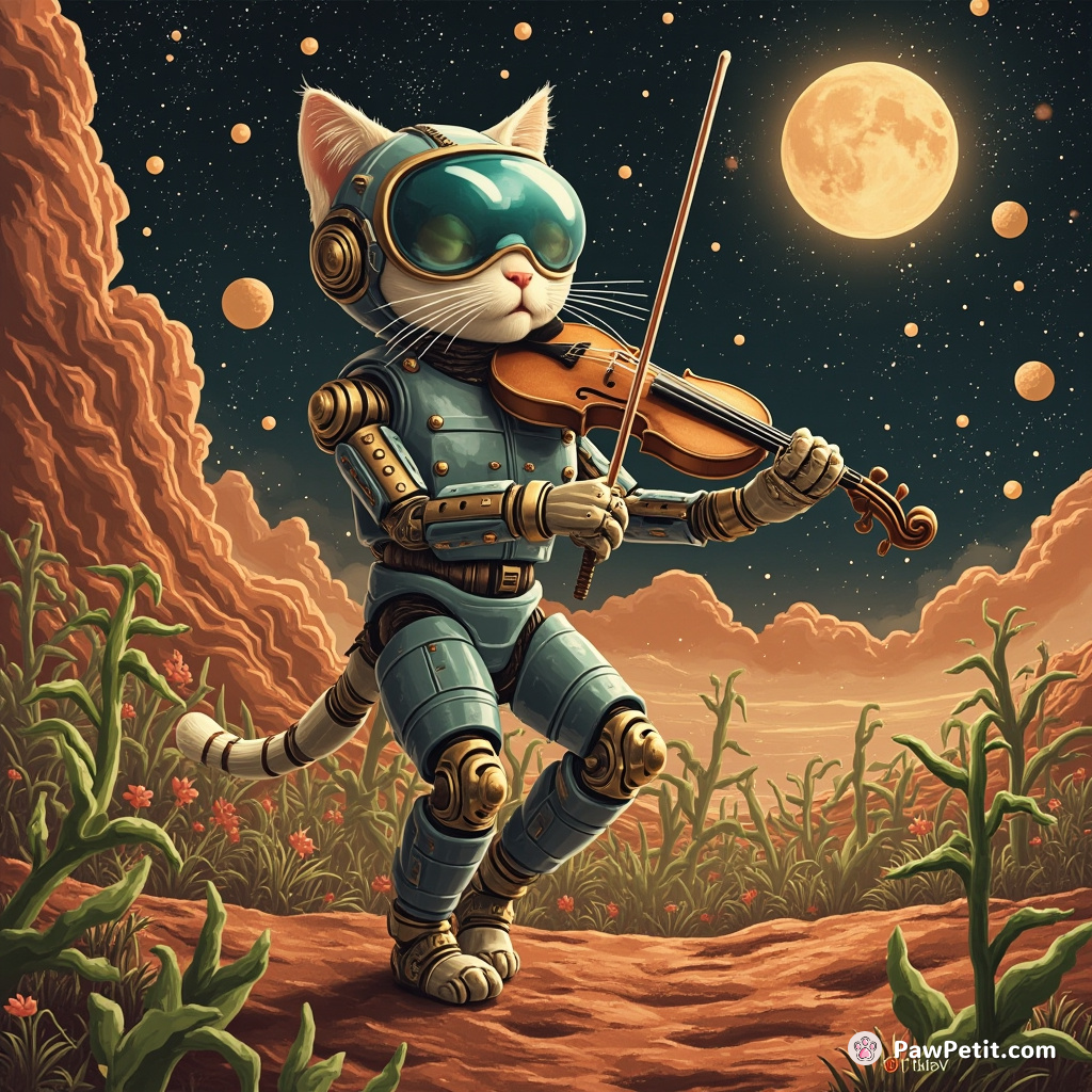 Cyborg cat conducting an orchestral concert on Mars, with alien plants as the audience.