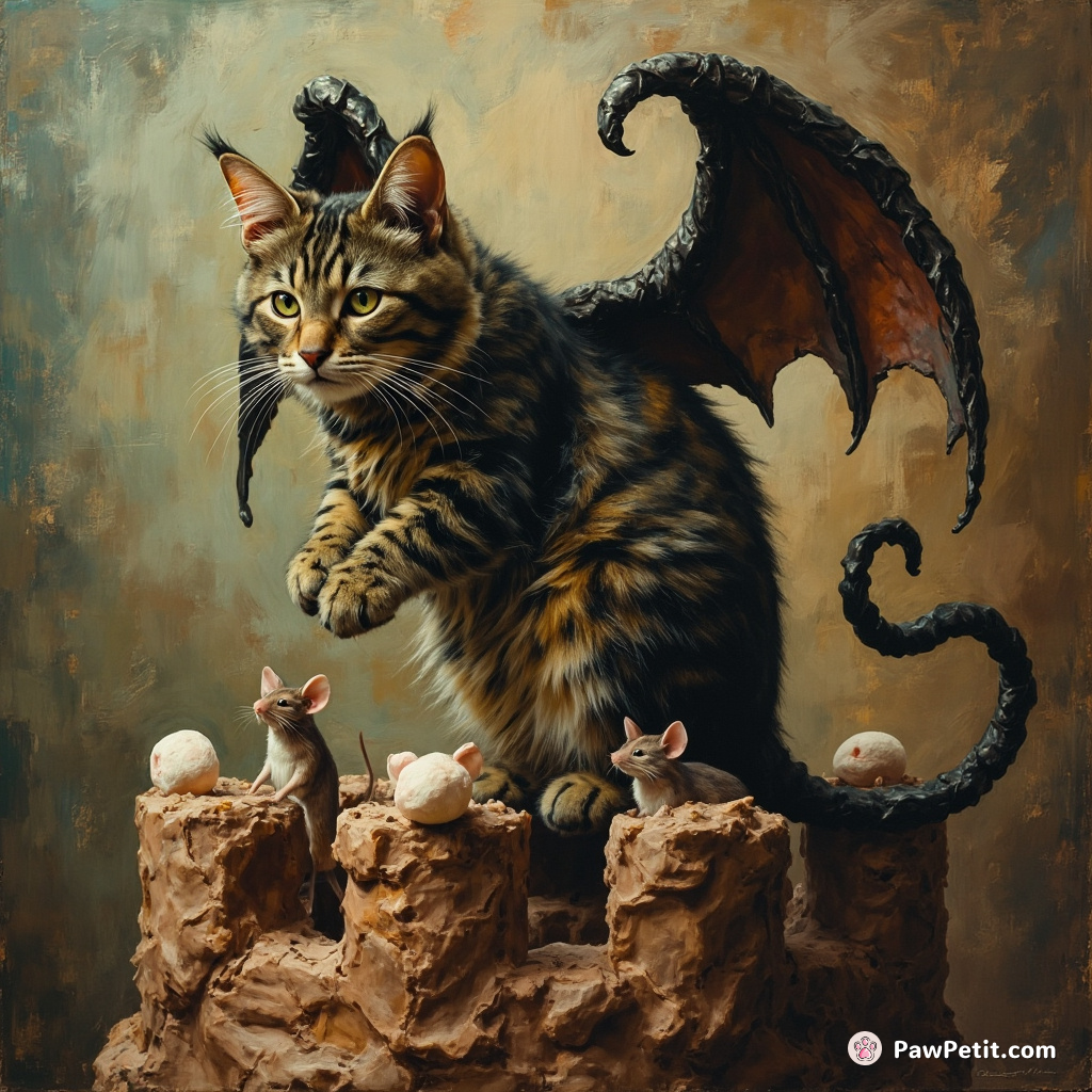 A cat gargoyle perched on a licorice castle, dispensing wisdom to marshmallow mice below.