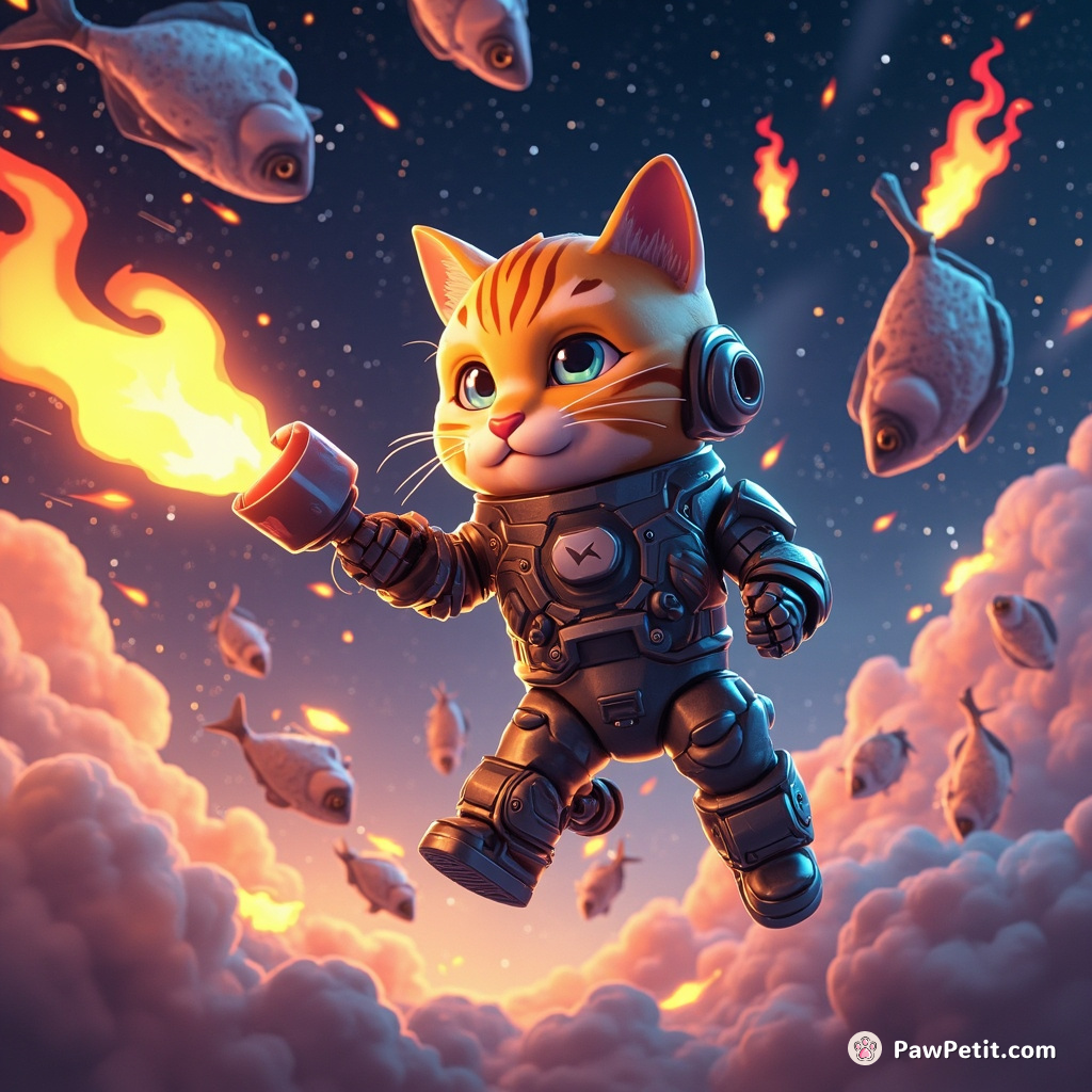 Cybernetic warrior cat battling an army of robotic tuna with flaming torches on the Milk Way.