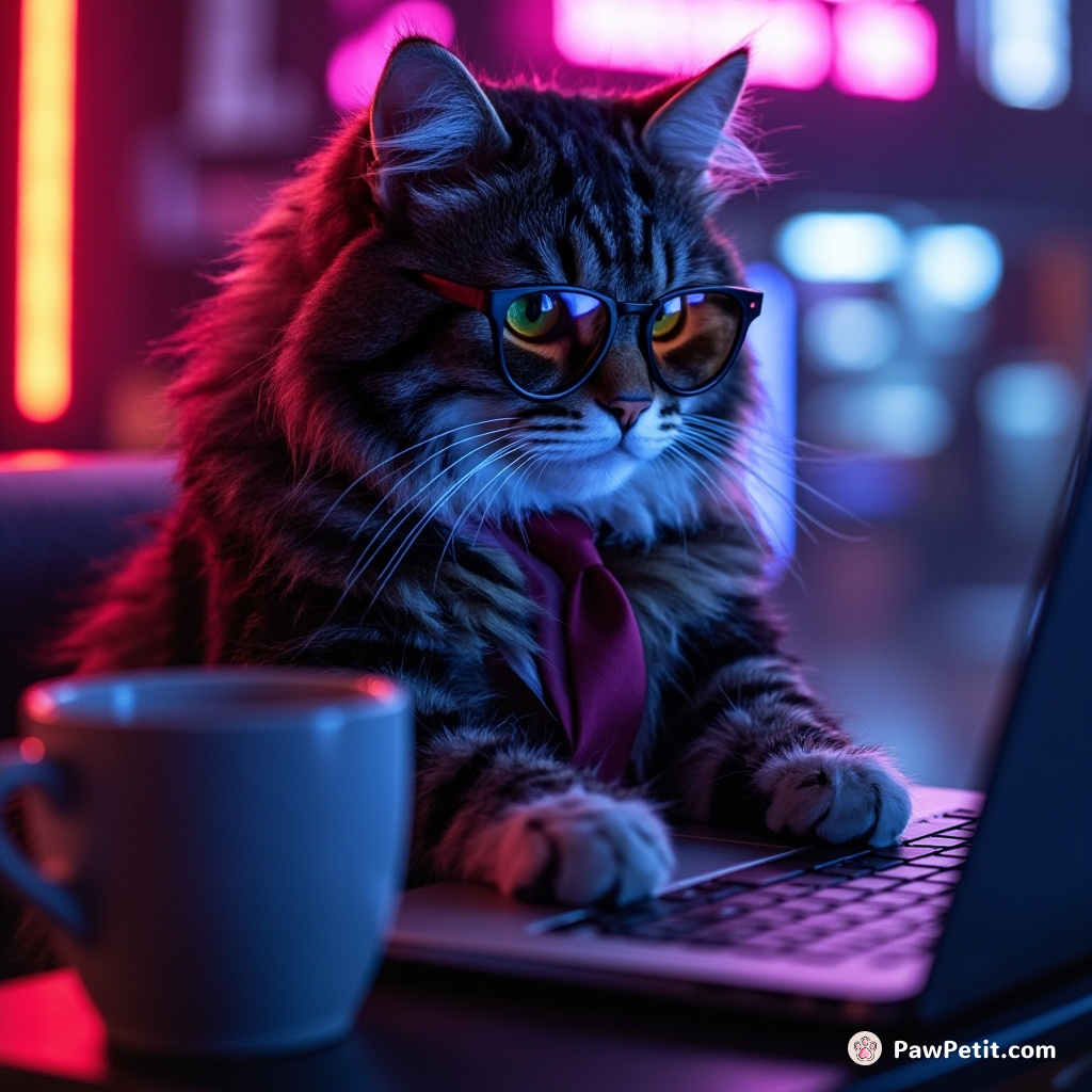 The cat, wearing glasses and a tie, diligently practices sipping coffee and typing on a laptop, pawing awkwardly at the keys.