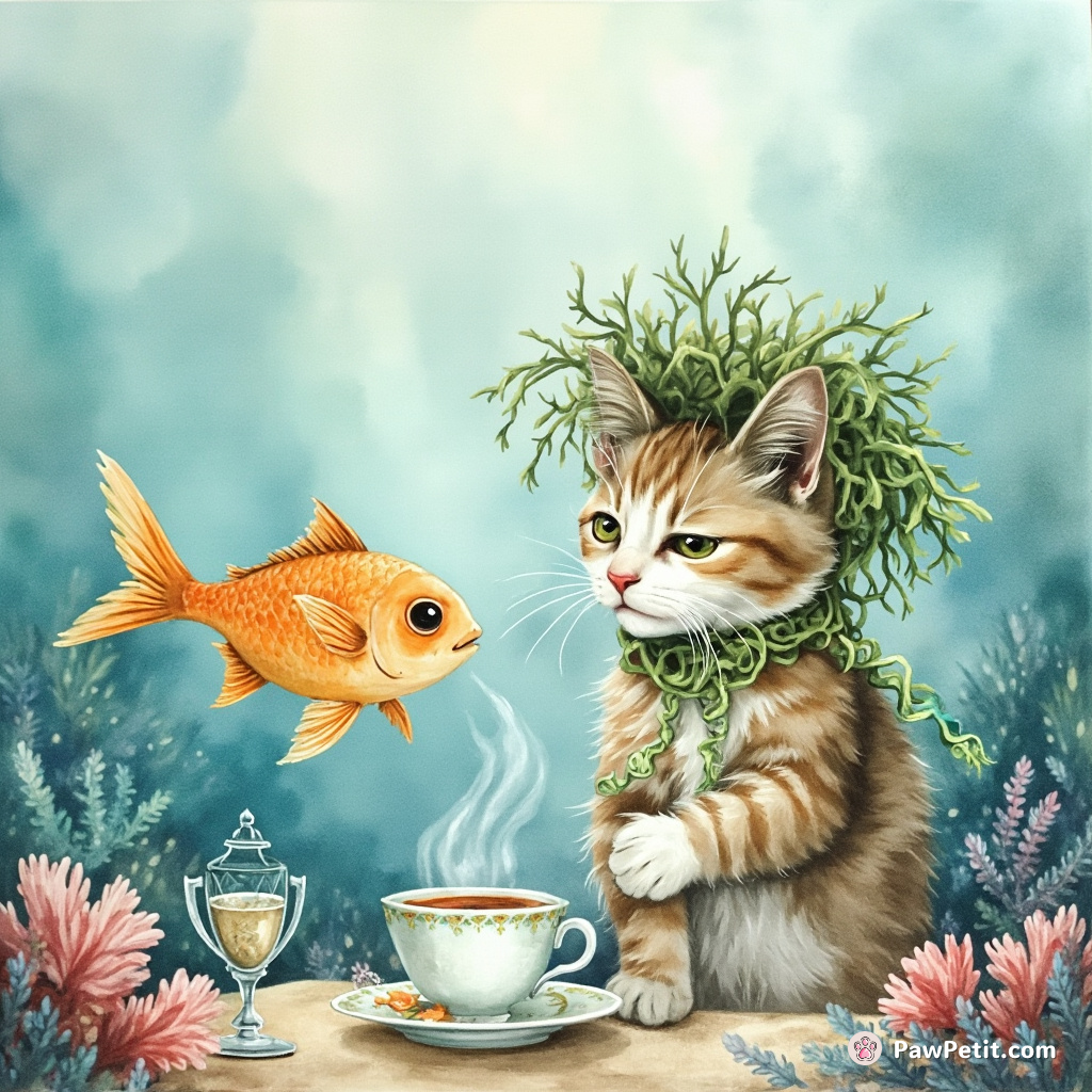 Cat joining fish for a splendid tea party at the sea bottom, with seaweed fascinator on head.