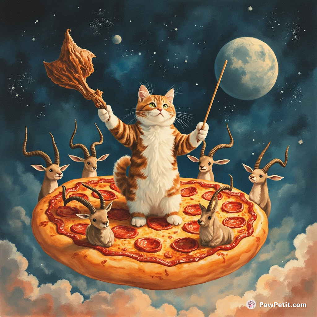 Cat conducting a symphony orchestra of wildebeests, using a turkey leg as baton, on top of a giant pepperoni pizza, floating in space.