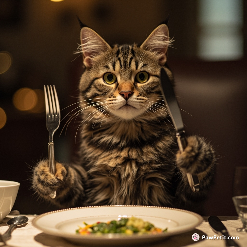 The cat sits upright at the dinner table, paws poised to mimic holding a fork and knife.
