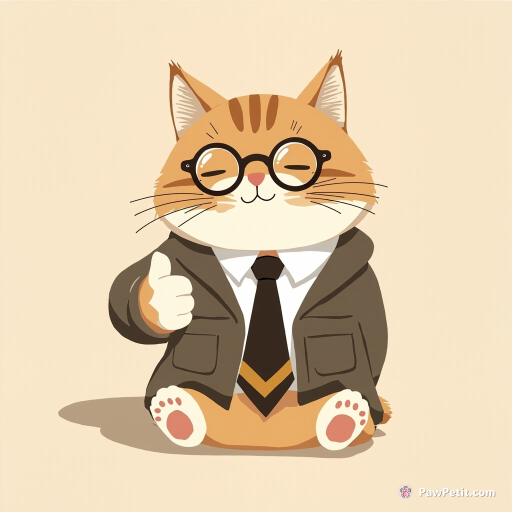 A charismatic cat, donning spectacles and tie, tirelessly practices his thumbs-up to perfect human-like morning greetings.