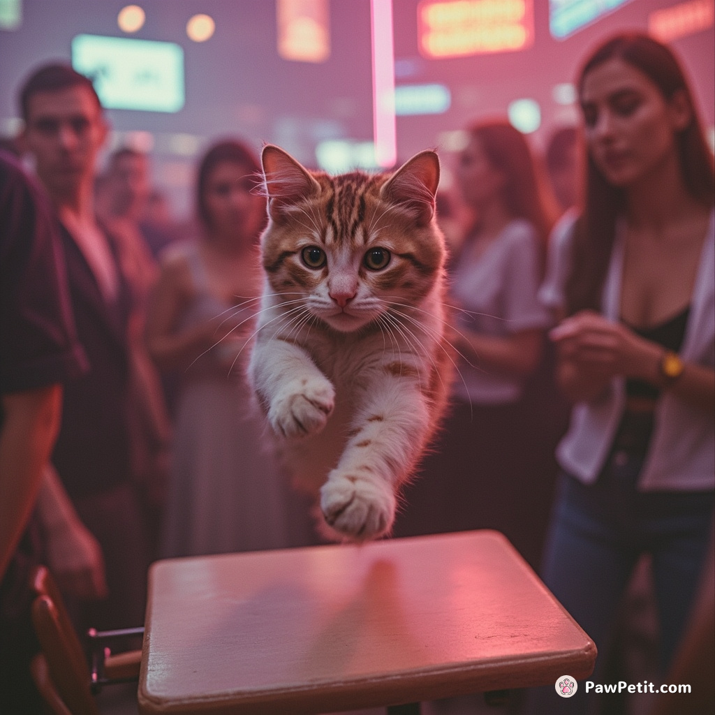 The cat darts through the crowd, leaping onto a table to escape the chaos.
