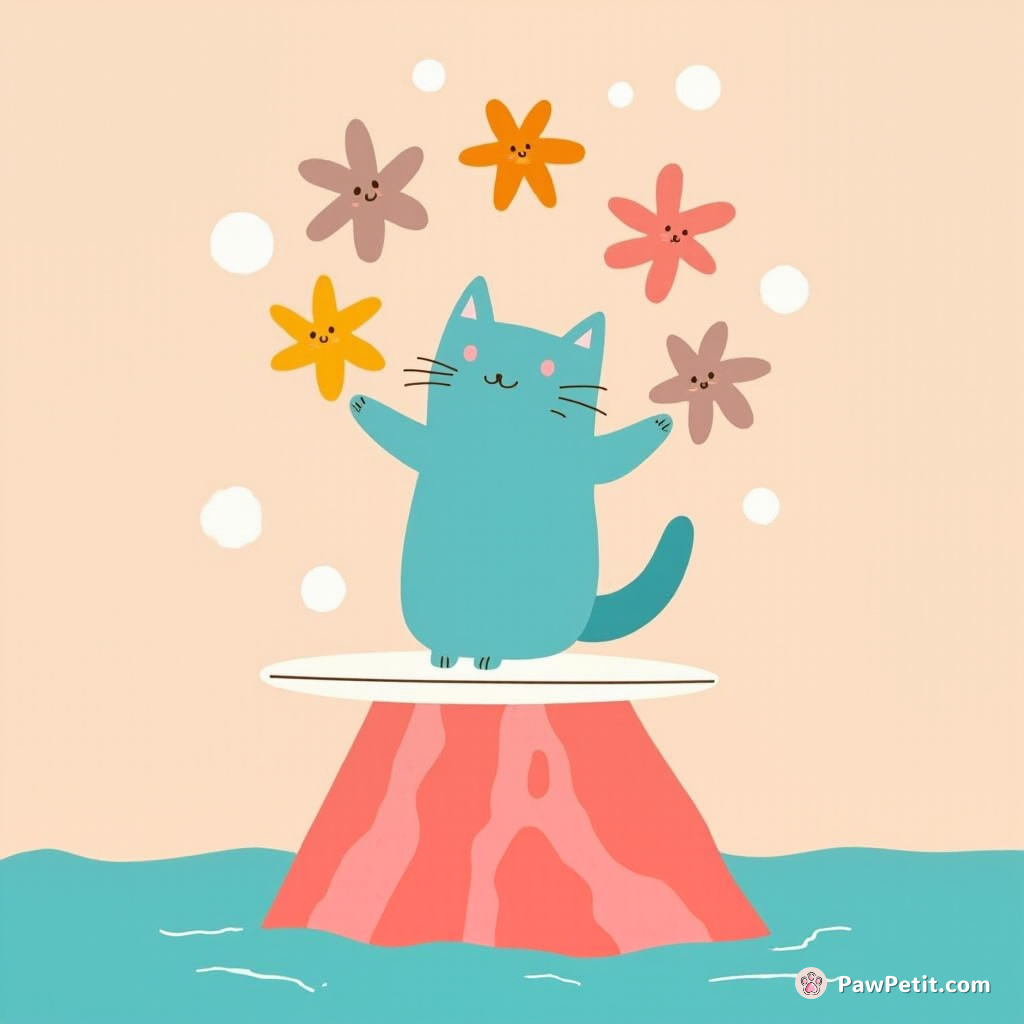 A blue cat performing juggling tricks on a surfboard atop a pink lava flow, using fat starfish as instruments for molasses bubbles.