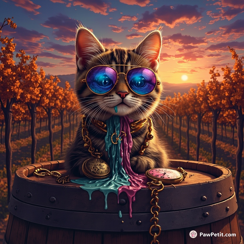 Steampunk vineyard kitty hand-painting Salvador Dalí-style melting pocket watches on antique wine barrels in hushed autumn twilight.