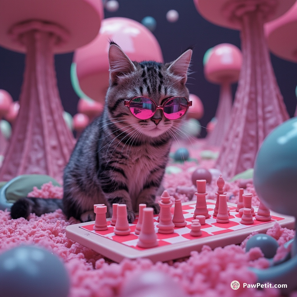 Cat playing checkers with aliens in a bubblegum forest.