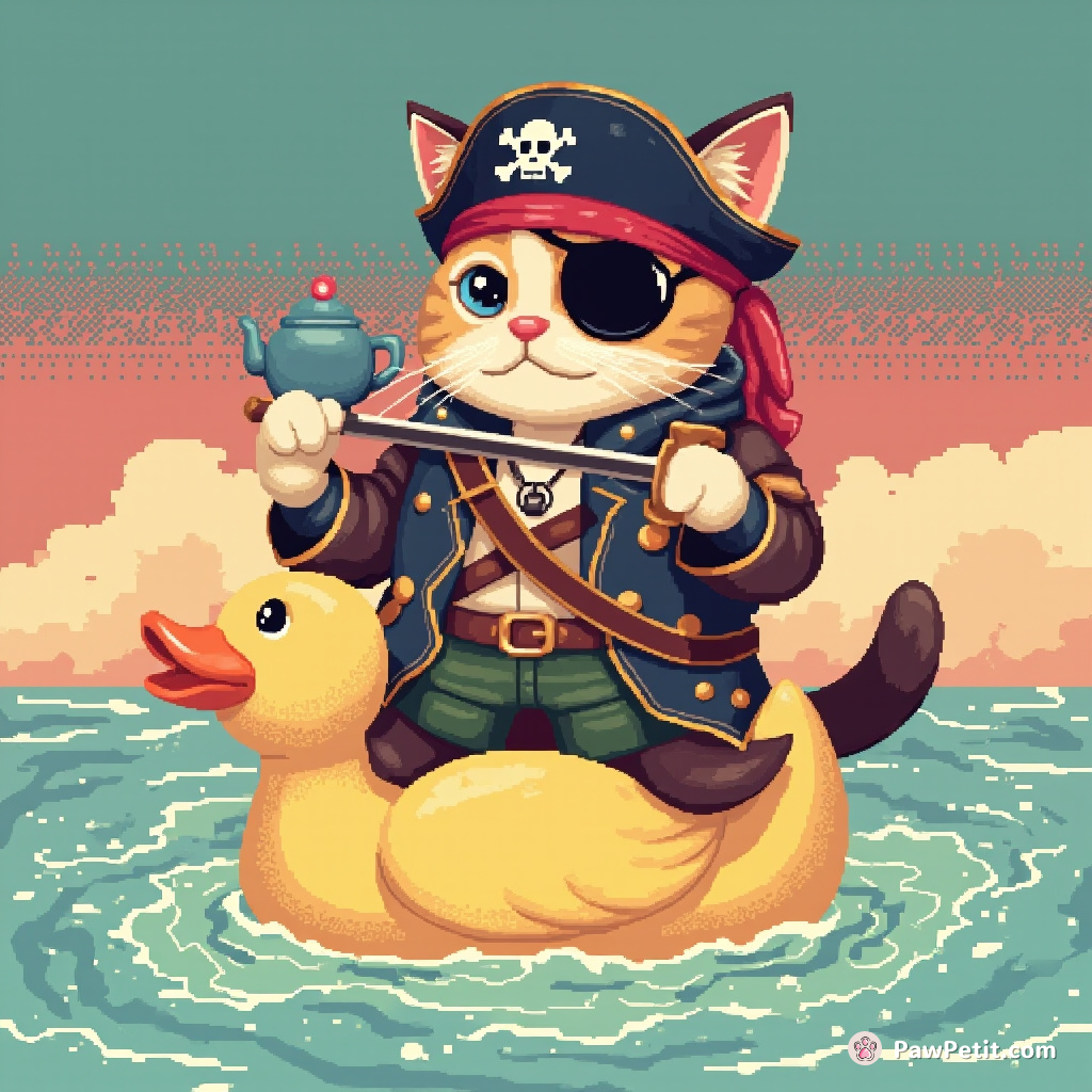 A one-eyed pirate cat balancing universe's smallest teapot on its swashbuckling sword, floating on a plastic duck in an ocean of warm milk.