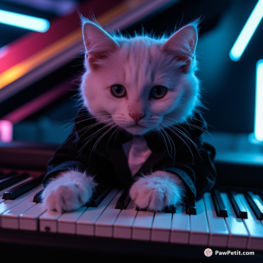 Adorable feline dons tuxedo, attempting a piano serenade, nails scrambling amusingly over ivory keys.