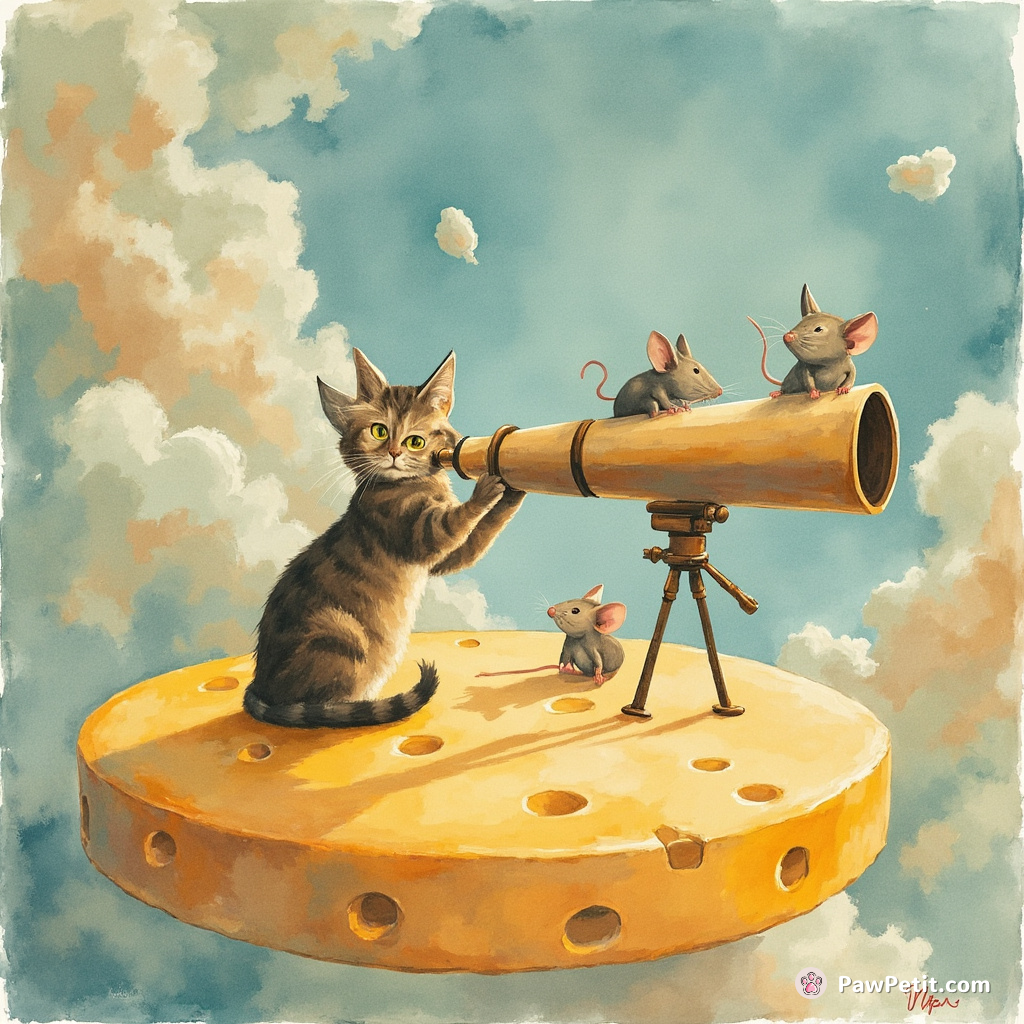 A cat spying on Martian mice through a giant telescope in its floating cheese island.