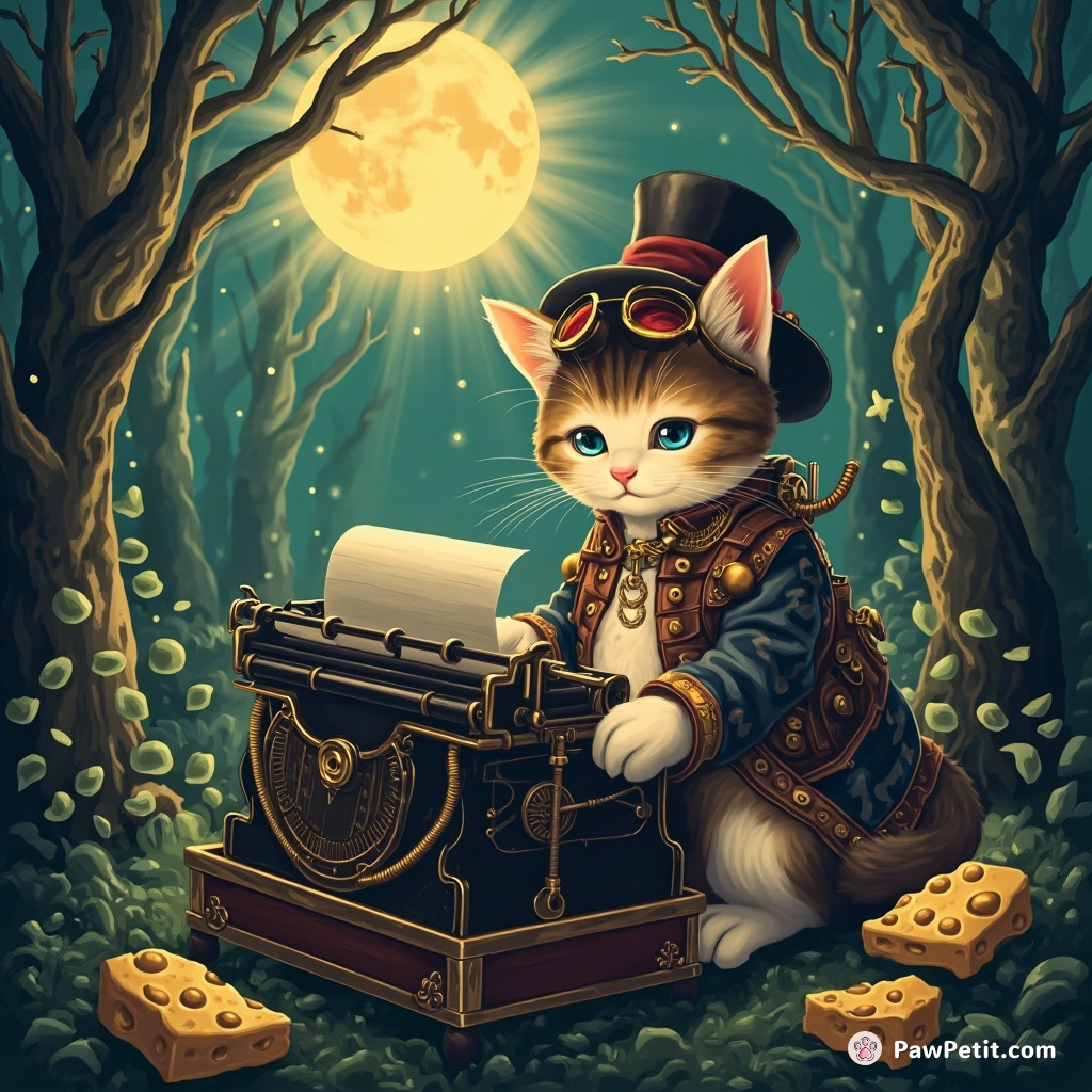 A steampunk cat operating a vintage typewriter in the middle of a cauliflower forest under a cheese moon.