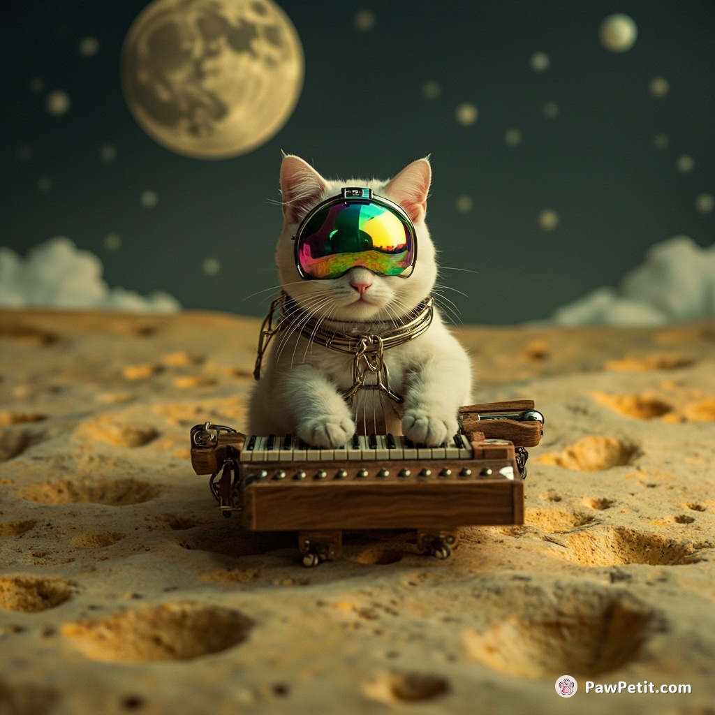 Cybernetic cat with disco ball eyes playing an ancient harpsichord on the craters of a cheese moon.