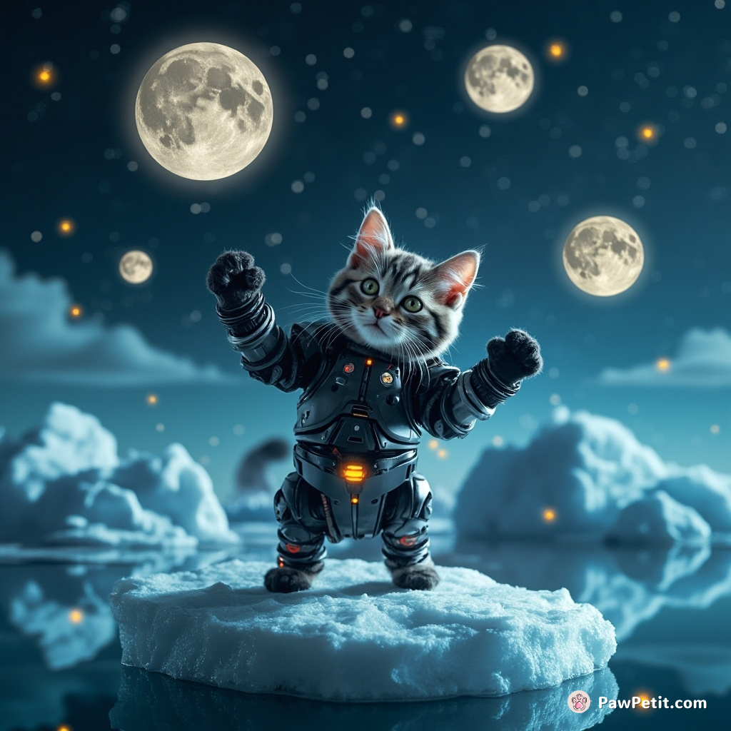 Cybernetic cat juggling tiny self-recharging moon replicas on a floating iceberg lit by bioluminescent fireflies.
