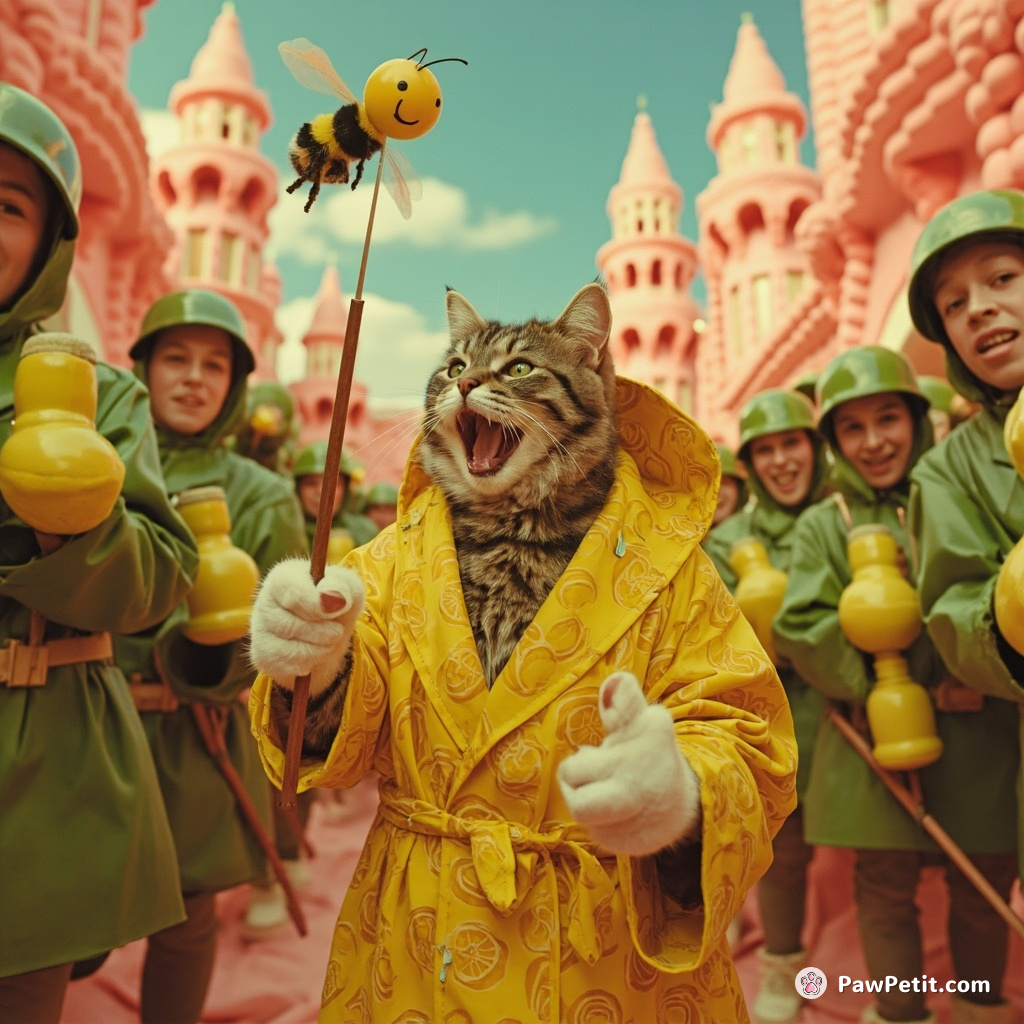 Cat winning a spelling bee, draped in lemon-togi amidst cheering avocado soldiers in a candy castle.