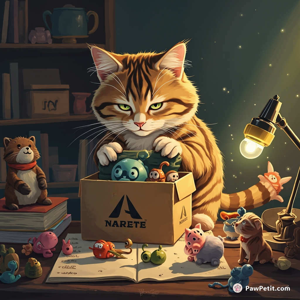 The cat meticulously arranges its toys in a "work desk" setup, complete with a tiny laptop-shaped cardboard box.