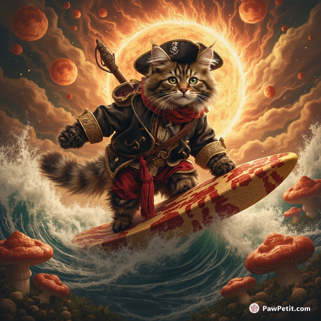 A pirate cat surfing gigantic mushroom waves on a crisp bacon board, amidst a blazing meteor shower.