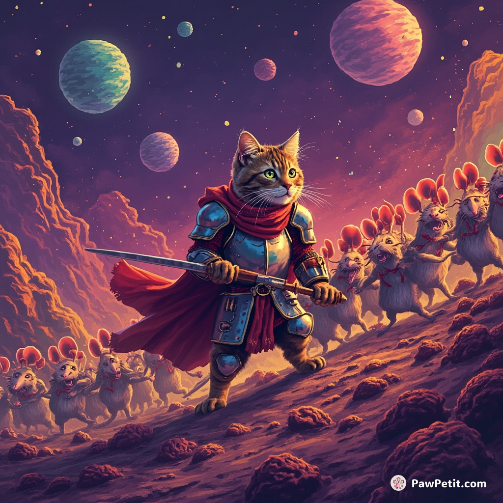 A cat leading an army of rats in a glowing knight armor on a surreal alien planet.