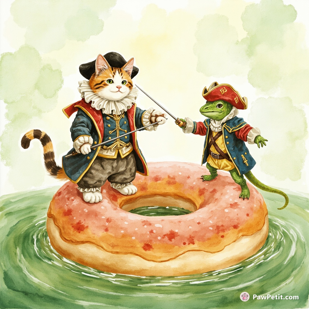 A plump Calico cat wearing Shakespearean era garb, fencing with a lizard dressed as The Musketeers atop a giant donut floating in a sea of green tea.