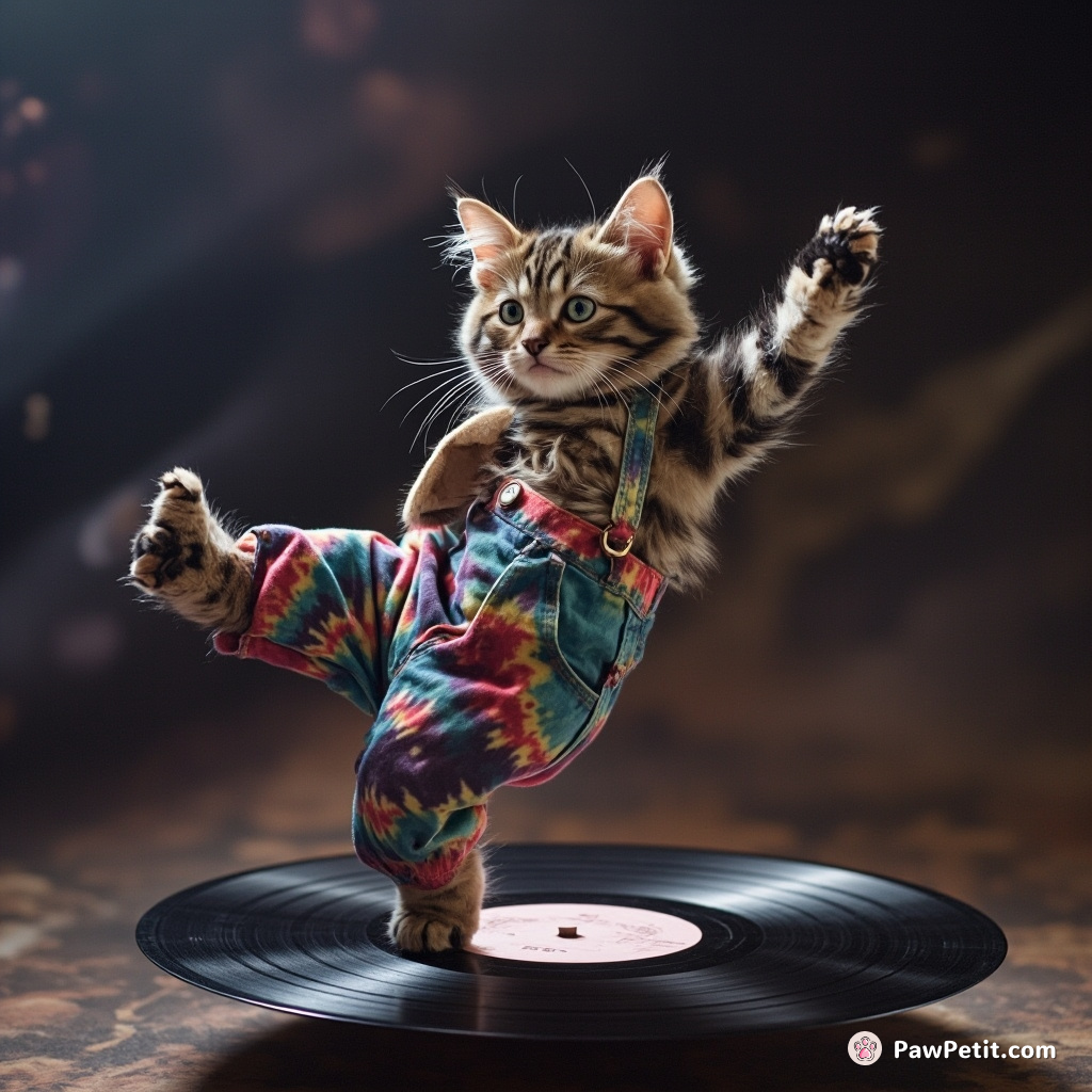 A street-dancing tabby cat wearing tie-dyed dungarees, breakdancing on a floating vinyl record in outer space.