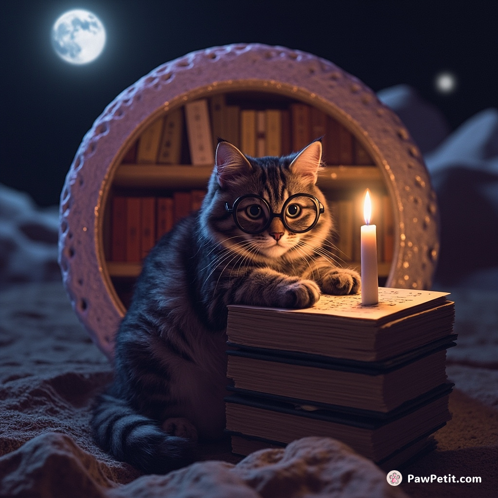 A bespectacled cat deciphering ancient hieroglyphics by candlelight inside a moon-shaped library floating in zero gravity.