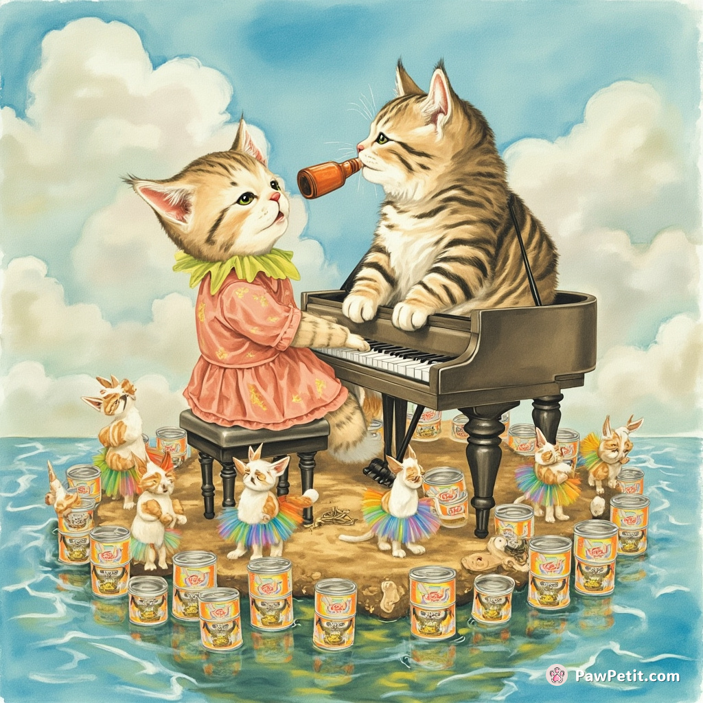 A  giant bottle-drinking kitten playing piano on a floating island made entirely of tuna cans while being cheered on by pigmy Sphinxes in rainbow tutus.