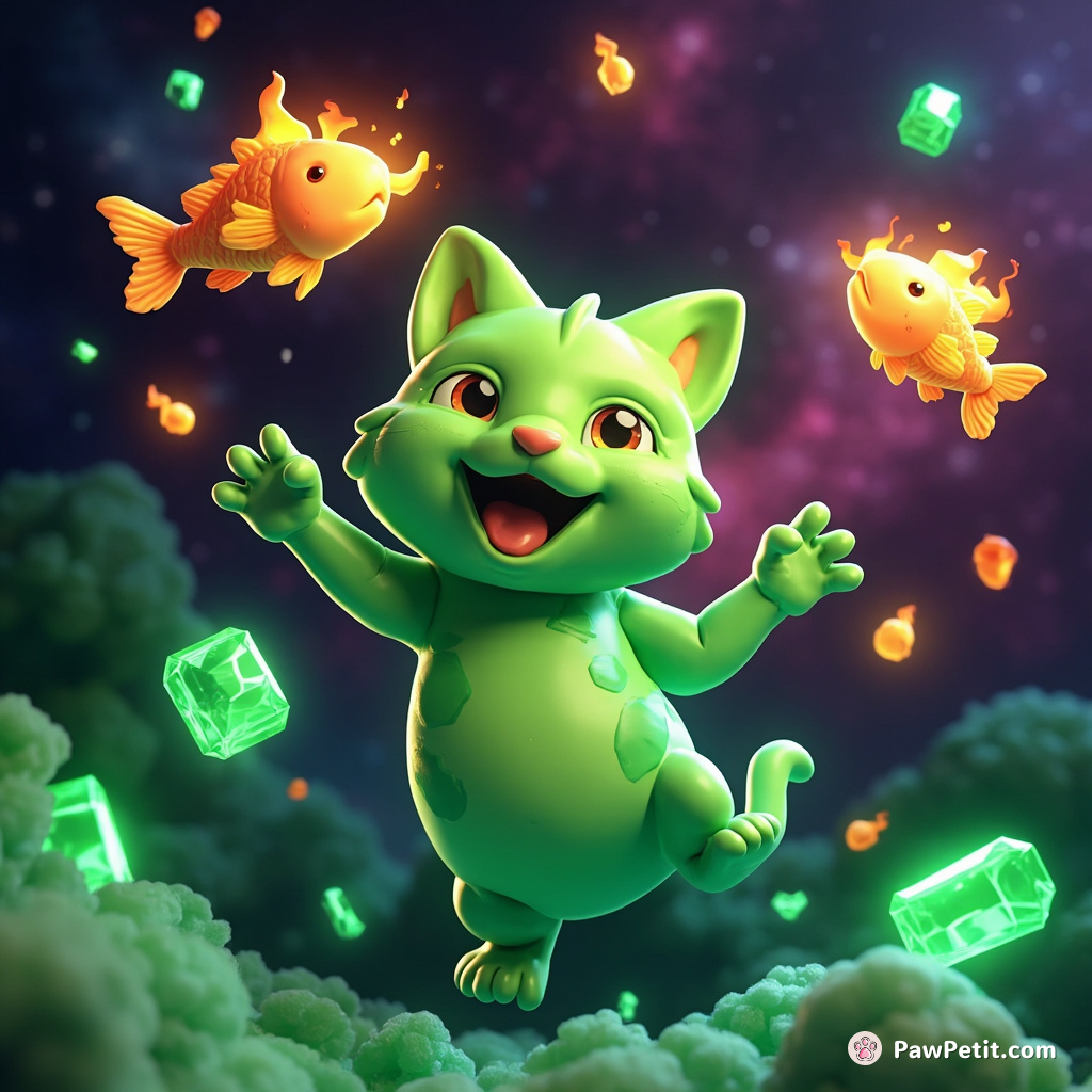 A neon green cat juggling flaming fish in zero gravity amidst floating emeralds and galaxies.