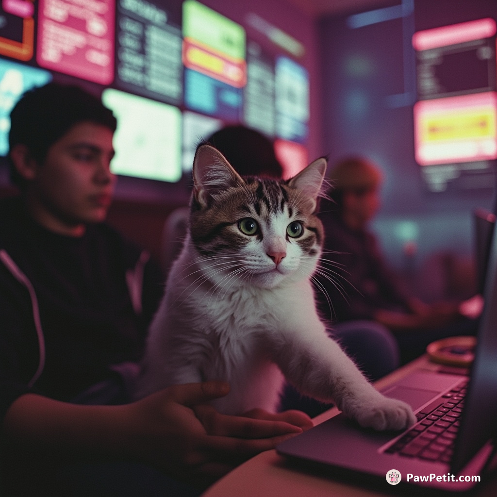 Seeing people sit and stare at screens, the cat mimics their behavior by continuously pawing at a closed laptop.
