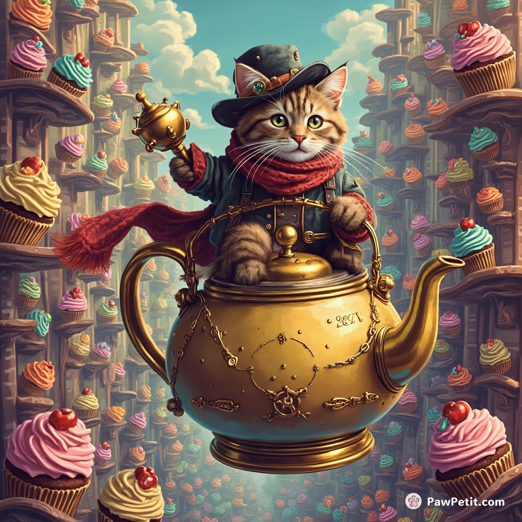 Steampunk cat piloting a floating tea kettle through a city of multicolored cupcakes.