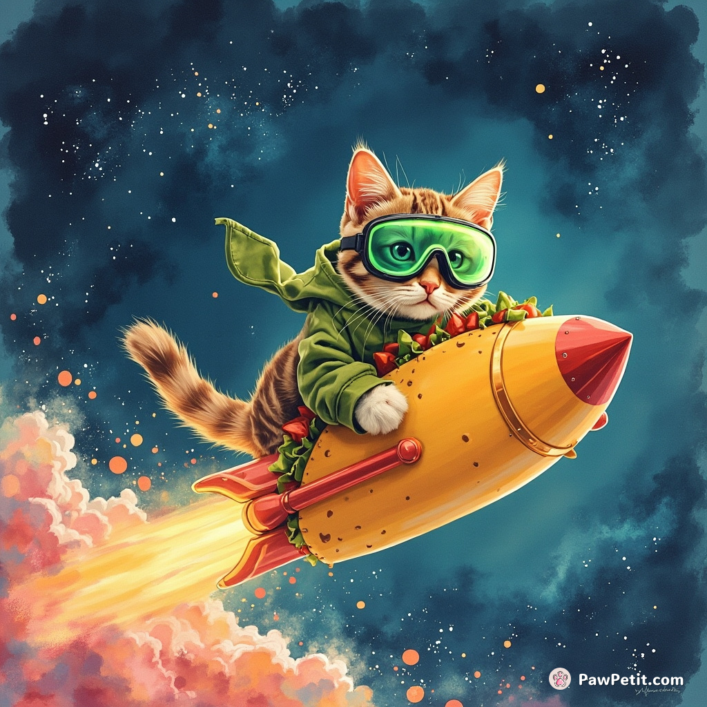 Cat zooming through a neon galaxy on a taco-framed rocket, wearing enormous green-lit goggles.