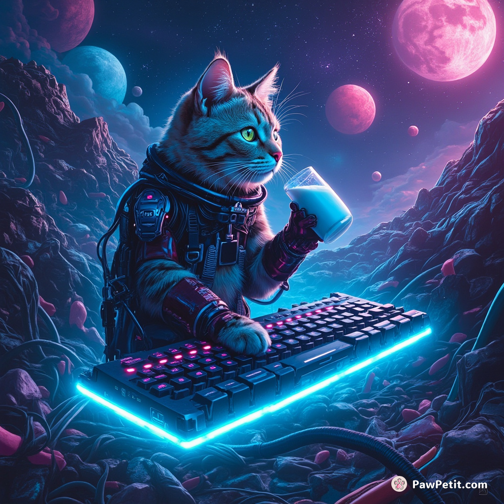 Cyborg cat, casually sipping electric blue neon milk, on a floating keyboard in a zero-gravity cosmic junkyard.
