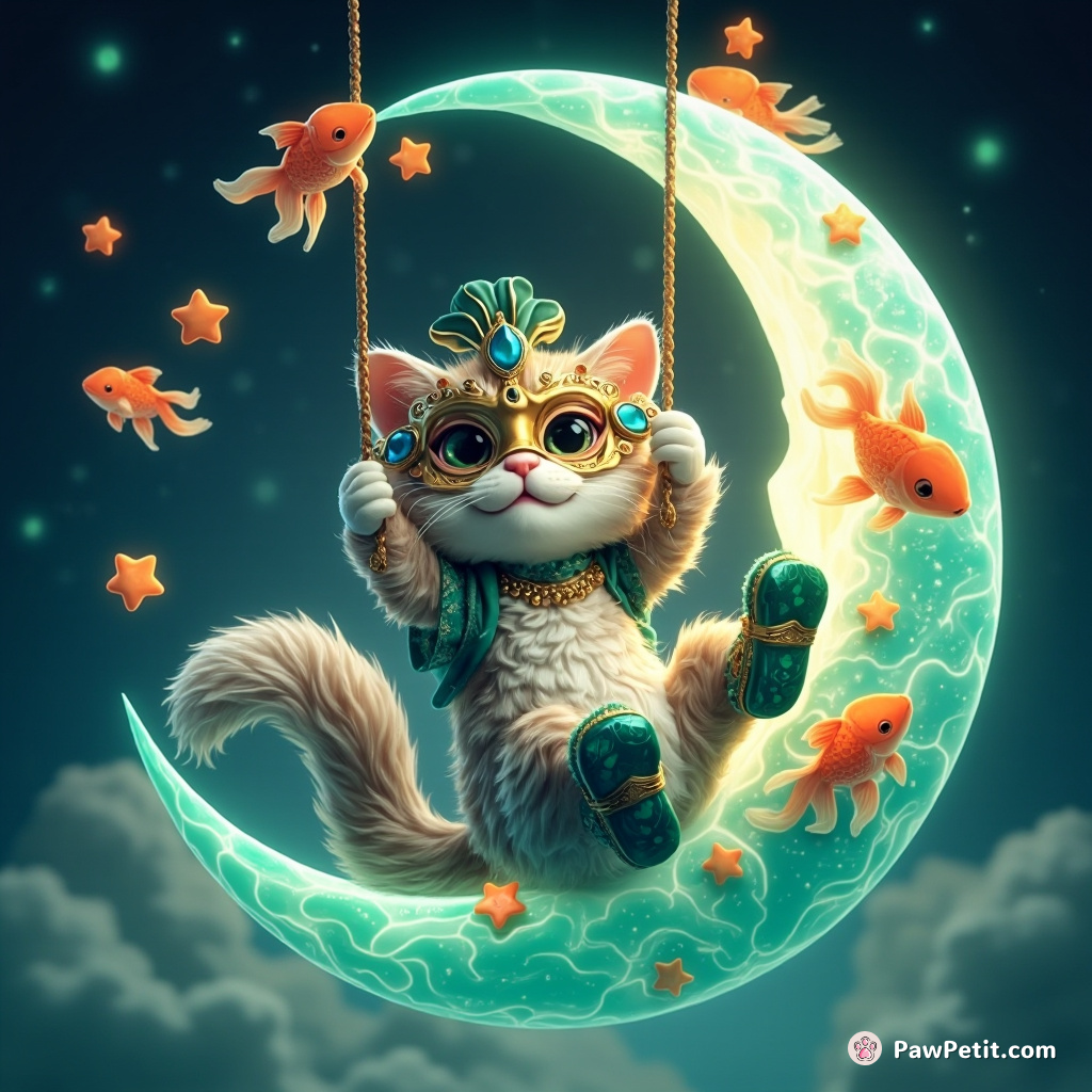 Cat swinging on a translucent moon filled with goldfish, juggling sapphire stars, wearing a Venetian mask and emerald slippers.
