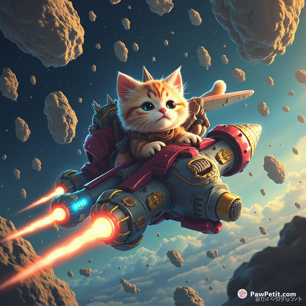 A feline pilots a colossal mecha-spaceship, deploying laser claws to slice through an asteroid belt.