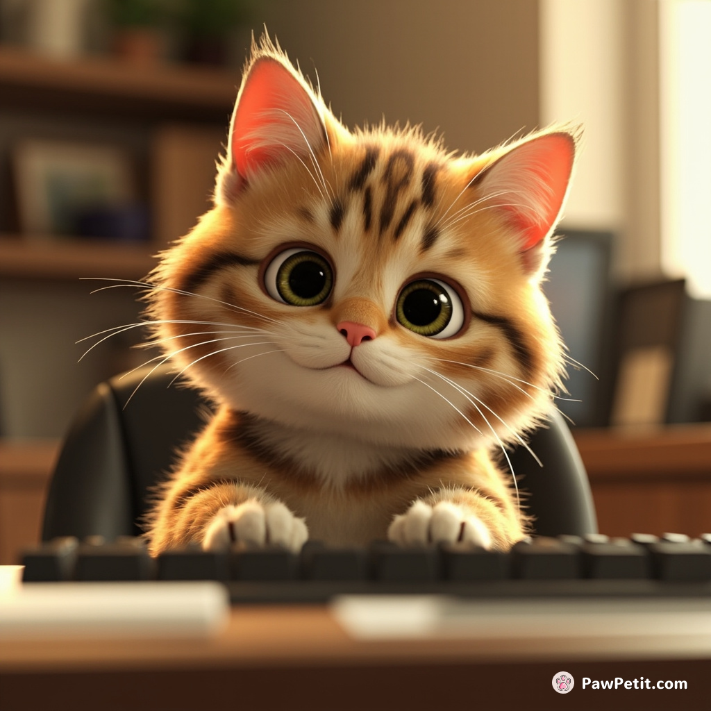 Cat sits upright at a desk, paws poised over a keyboard, pretending to type with utmost concentration.