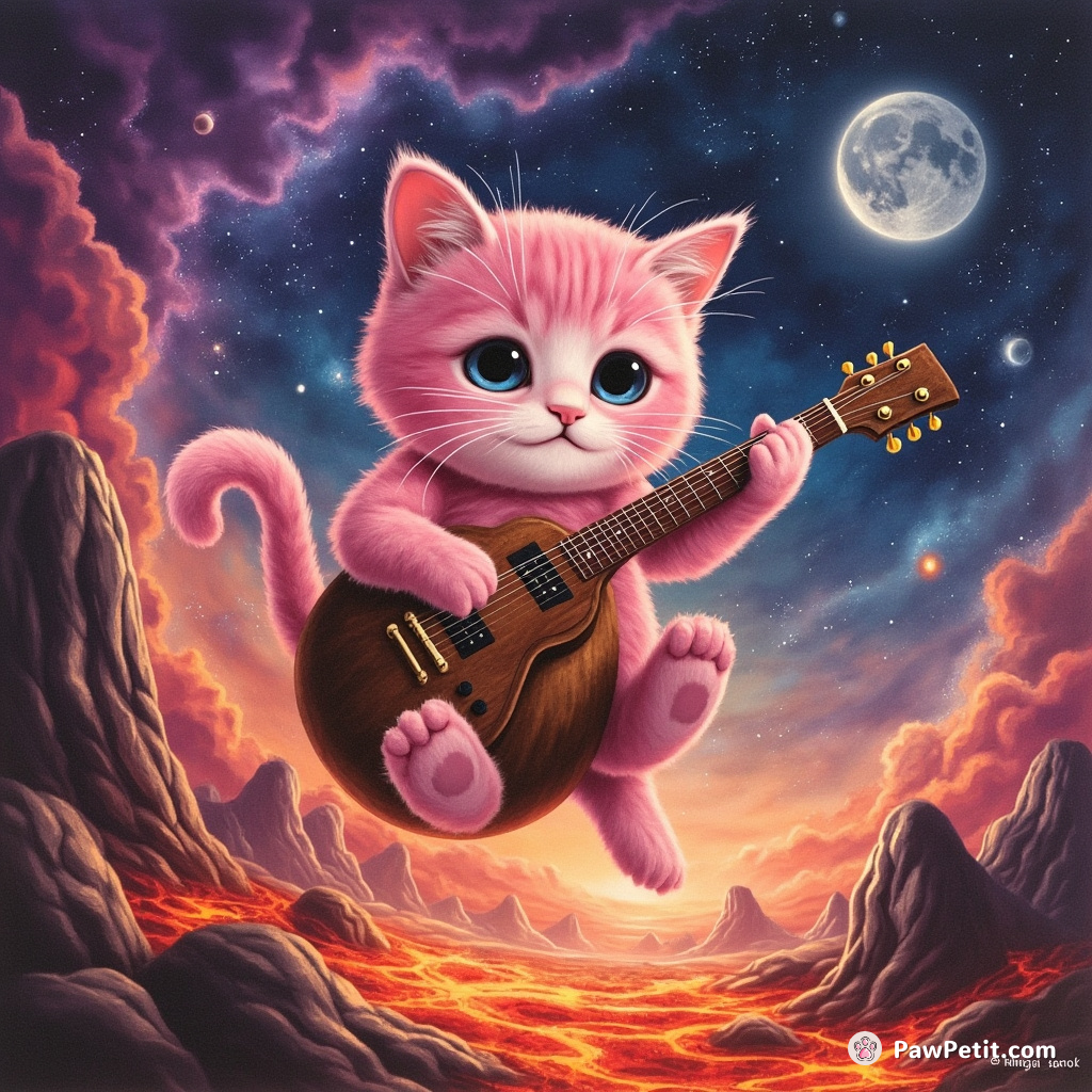 A pink nebula cat playing an electric coconut guitar on lava flowing rock floating in zero gravity.